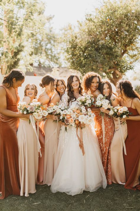 English Rose and Neutral Blush Bridesmaids | Real Wedding in Jenny Yoo Brown Shade Bridesmaid Dress, Color Variation Bridesmaid Dresses, Mix And Match Terracotta Bridesmaids, Same Shade Different Style Bridesmaid Dresses, Peach And Terracotta Bridesmaid Dresses, Terracotta Mixed Bridesmaid Dresses, Nude And Brown Bridesmaid Dresses, Spanish Wedding Bridesmaids Dress, Neutral Fall Bridesmaid Dresses