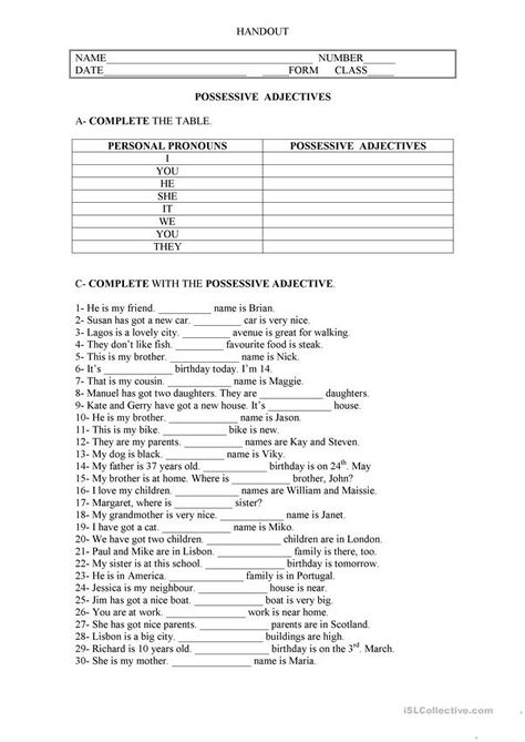 Possessive Adjectives Worksheets, Possessive Adjectives Spanish, Teaching Pronouns, Adjectives Exercises, Inequality Word Problems, Spanish Adjectives, Possessive Nouns, Possessive Adjectives, Possessive Pronoun