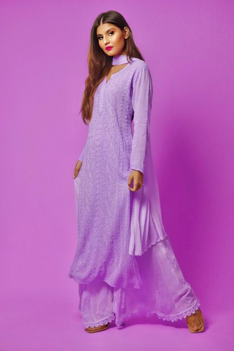 Purple chikankari kurta sharara set Georgette Chikankari Kurta, Mukaish Work, Embroidered Sharara, Chikankari Kurta, Kurta Sharara Set, Lilac Colour, Kurta Sharara, Fancy Sarees Party Wear, Dresses Classy