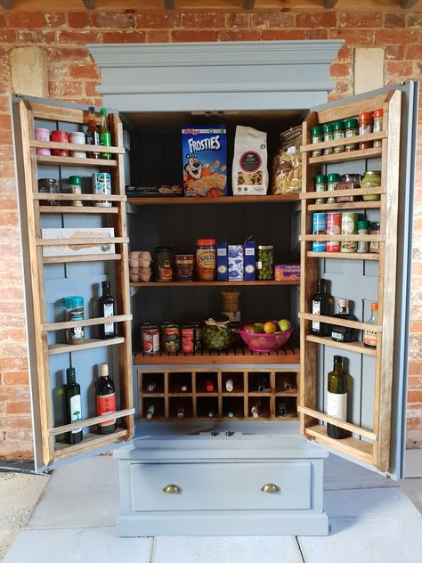 Upcycled pantry, perfect in a country kitchen Country Pantry, Larder Pantry, Cupboard Makeover, Kitchen Larder Cupboard, Painted Pantry, Tall Crown, Kitchen Larder, Larder Cupboard, Pine Shelves