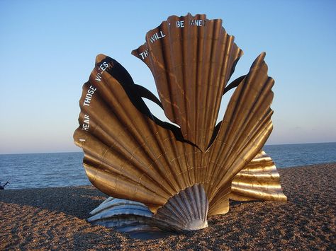 This sculpture by Maggi Hambling is known as 'The Aldeburgh Scallop' and is to be found on the beach between Thorpeness & Aldeburgh Maggi Hambling, Sutton Hoo, Suffolk Coast, Seaside Town, The Poet, Norway Travel, Weekend Breaks, England And Scotland, Seaside Towns