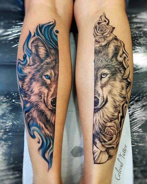 Couple Wolf Tattoo Ideas, Matching Wolf Tattoos Couples, Couples Animal Tattoos, Wolf Matching Tattoos, Couple Wolf Tattoo, Wolf Couple Tattoo, Couples Wolf Tattoos, Tattoos For Women Traditional, Wolf Tattoo For Women