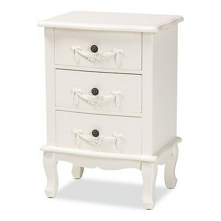 Baxton Studio Callen Classic and Traditional White Finished Wood 3-Drawer Nightstand Bring graceful organization to your bedside with the fantastic design of the Callen nightstand. Made in China, this handy piece is constructed from sturdy wood. Three drawers provide ample storage space for all your bedside essentials and reserve the tabletop for nightly use. The Callen will arrive fully assembled and is adorned with floral moldings for an elegant display that is sure to stand out. Metal drawer 3 Drawer Nightstand, White Nightstand, Baxton Studio, Wood Nightstand, Room Makeover Inspiration, Metal Drawers, Drawer Nightstand, Room Inspiration Bedroom, Online Furniture Stores