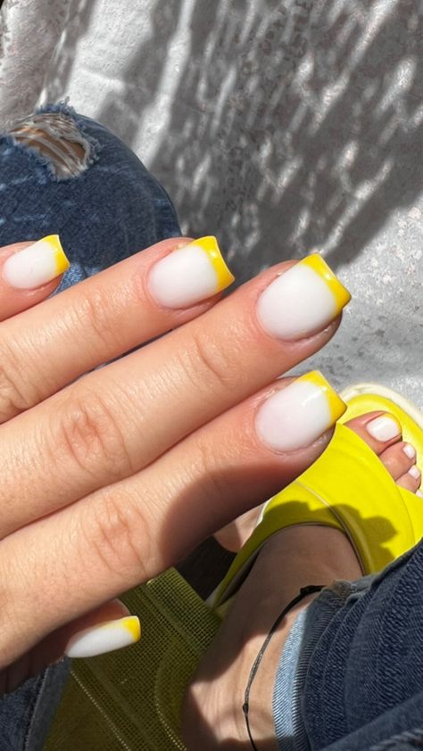 Nails. French nails. Yellow french nails. Yellow nails. Milky nails French Nails Yellow, Yellow French Nails, Fun French Manicure, Nails Milky, Yellow French, French Pedicure, Minimal Nails Art, Milky Nails, Nails Yellow