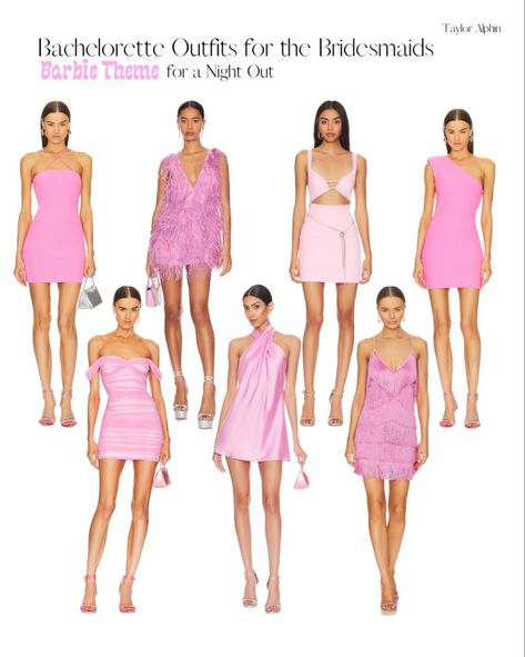 Bride Wears Pink Bachelorette, Barbie Bachelorette Party Outfit, Pink Bachelorette Party Outfit, Bachelorette Vibes, Barbie Bachelorette, Pink Bachelorette Party, Sau Lee, Pink Bachelorette, Slip Mini Dress