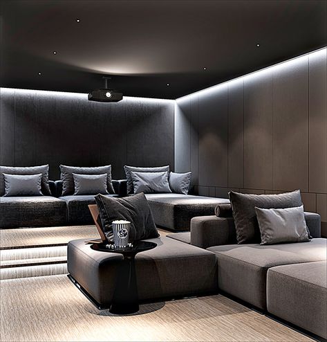 Modern Theater Room, Klipsch Home Theater, Cinema Room Decor, Luxury Home Cinema Room, Small Movie Room, Cinema Room Design, Home Cinema Design, Garden Ideas Patio, Home Theater Lighting