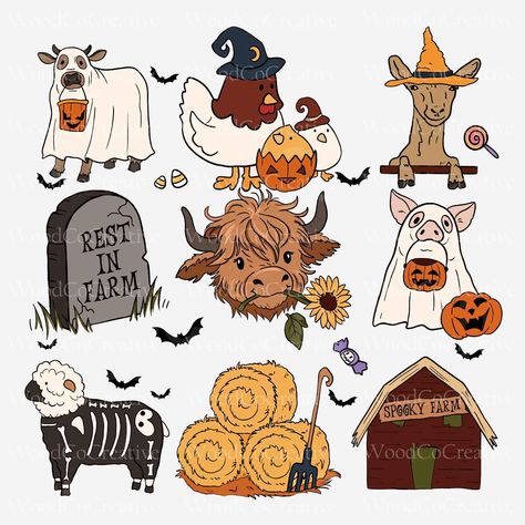 Halloween Farm Animals, Highland Cow Halloween, Zoo Boo, Cow Halloween, Chicken Png, Fall Drawings, Pumpkin Carving Patterns, Western Halloween, Cute Fall Wallpaper