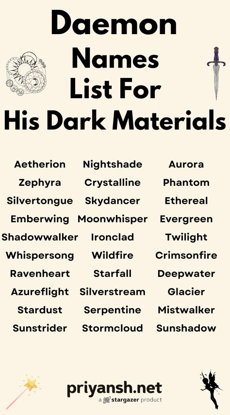 Are you a fan of His Dark Materials? Want a cool, unique name for your pet, character, or even just your own inner dæmon? Get inspired with this list of awesome Daemon names! From the classic to the obscure, you'll find the perfect name for your own loyal companion! #HisDarkMaterials #DaemonNames #FantasyNames #Bookish #NameInspiration Obscure Names, His Dark Materials Daemon, Will Parry, Iorek Byrnison, Lord Asriel, Manipulative Men, Lyra Belacqua, Neutral Names, Dark Materials