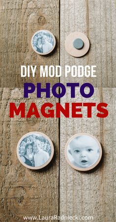 DIY Photo Magnets using photos, Mod Podge and wood circles, with a magnet on the back. Perfect for your own refrigerator or to give as a handmade gift! #diy #magnets #modpodge #crafts #handmade #christmasgifts Mod Podge On Wood, Diy Mod Podge, How To Make Photo, Diy Magnets, Mod Podge Crafts, Magnet Crafts, Wood Circles, Gift Diy, Crafts Handmade