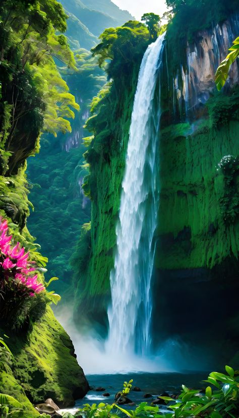 The lush jungle is home to a sparkling waterfall, creating a mesmerizing sight for all who visit. The sound of water cascading down rocks, surrounded by vibrant greenery, adds to the beauty of the scene. The sight of the waterfall in the midst of the jungle is truly a sight to behold. 숲 사진, Lush Jungle, Natural Wallpaper, Waterfall Pictures, Pic Art, Polynesian Culture, Nature Scenery, Beautiful Background, Landscape Photography Nature