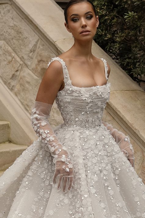 Wedding Dresses With Neck Collar, Wedding Dress With Sleeves Ball Gown, Silver White Wedding Dress, Wedding With Gloves, Vintage Classic Wedding Dress, Heavily Beaded Wedding Dress, Unique Ball Gowns, Ballgown Wedding Dress Sparkly, Dior Wedding Dress