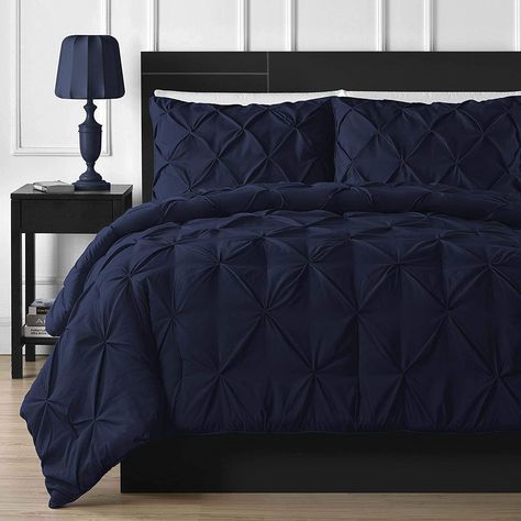 PRICES MAY VARY. Crown Collection Luxuriate Hotel 1000-TC Hypoallergenic Ultra Soft 100% Egyptian Cotton 90x90 inch Full/Queen Size Navy Blue Solid Pinch Plated Duvet Cover with Zipper Colser & 2pcs Pillow Case Set ✔HIDDEN ZIPPER & CORNER TIES - The hidden zipper closure is more convenient and beautiful than other closure. We have a flap to cover the zipper closure so that it is invisible and durable, making no noises during moving. At the same time, corner ties inside your duvet cover can help Navy Blue Bedrooms, Blue Bedroom Design, Black Comforter, Blue Comforter, Bedroom Black, Gray Bedroom, Trendy Bedroom, Comfy Bed, Bed Sets