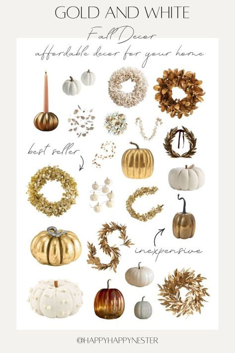 gold and white fall decor Fall Decor Inside, White Fall Decor, Fall Decor Kitchen, Fall Garlands, White Mantel, White Centerpiece, Pumpkin Garland, White Throw Blanket, Gold Pumpkins