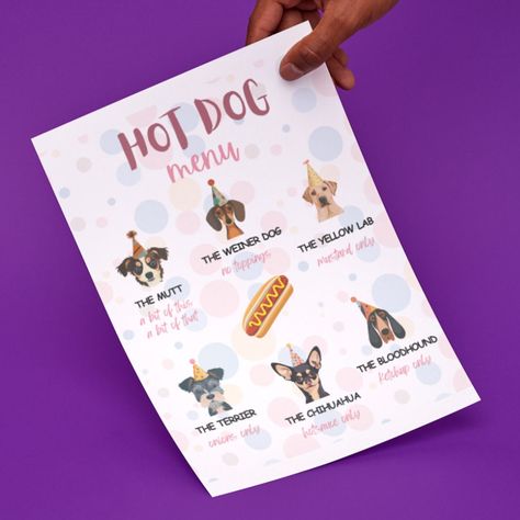 Hot Dog Bar Menu, Puppy Baby Shower, Puppy Birthday Party, Hot Dog Bar, Puppy Baby, Puppy Birthday Parties, Menu Printable, Food Signs, Dog Birthday Party