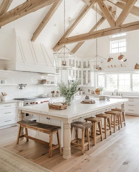 Kitchen Ideas With Big Island, Open Great Room And Kitchen, Styles Of Kitchens, Barndominium Kitchen Ideas Layout, Farmhouse Open Kitchen, Kitchen Astethic, Farm Home Kitchen, Country Home Interiors, Large Farmhouse Kitchen