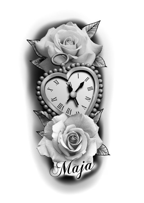 Heart Clock Tattoo Design, Heart Clock Tattoo, Compass And Map Tattoo, Clock And Rose Tattoo, Locket Tattoos, Heart Clock, Butterfly Tattoo Design, Watch Tattoo Design, Rose Clock