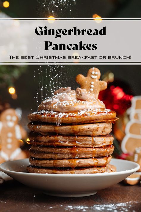 These Gingerbread Pancakes are the best sweet breakfast or brunch for the holiday season! They're full of warming gingerbread spices, they're soft, fluffy, and so easy to make! The batter is easy to double and the pancakes are freezer-friendly! Serve them at your Christmas Day brunch and add some homemade gingerbread syrup if you're feeling extra fancy! Your family will love these! Gluten Free Gingerbread Pancakes, Gingerbread Breakfast Recipes, Ginger Bread Pancakes, New Years Pancakes, Christmas Pancakes Recipes, Christmas Breakfast Basket, Flavoured Pancakes, Winter Pancakes, Gingerbread Pancake Mix