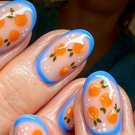 Nails By Ya Gal Studio Manchester on Instagram: "Summer nails are here 🌞 Juicy little oranges by @kessernails 🍊 These are precious!  Click the link our bio to book your appointment with her now 💅   #manchesternailart #manchesterbiab #manchestersmallbusiness #manchestersalon #ancoats #funkynails #summernails #fruitnails" Oranges On Nails, Nails With Oranges, Citrus Nail Art, Amalfi Nails, Amalfi Coast Nails, Orange Fruit Nails, Mango Nails, Greece Nails, Border Nails