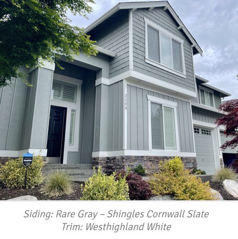 Sherwin Williams Rare Gray, Cornwall Slate, Sw Tricorn Black, Grey Exterior House Colors, Exterior Gray Paint, Tricorn Black, Gray House Exterior, Exterior House Colors With Brown Roof, Sherwin Williams Gray