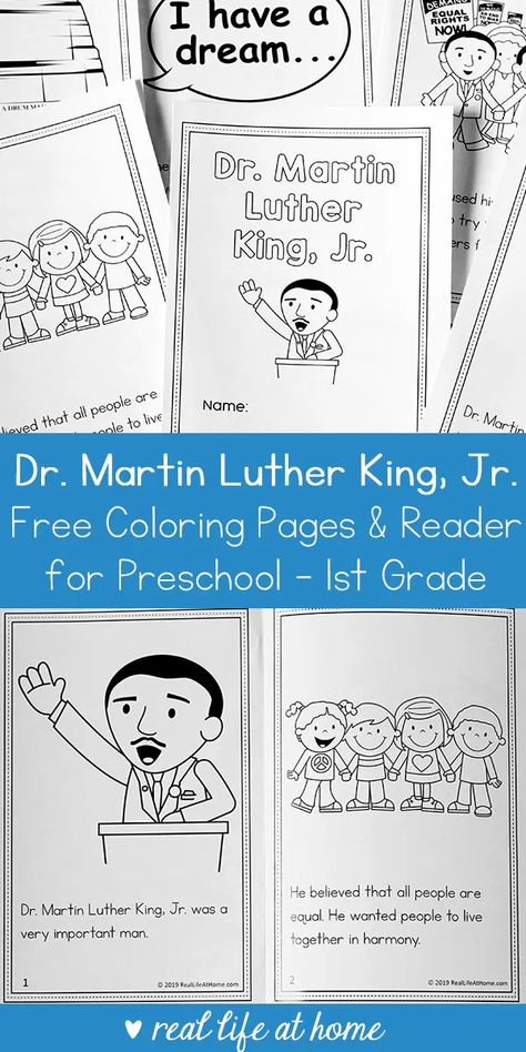 Dr. Martin Luther King Jr. Coloring Book and Reader Printable for Preschool - 1st Grade #MLK #MartinLutherKing #MLKPrintables #EasyReaders Mlk Activities For Kids 4th Grade, Martin Luther King Jr Activities 3rd, Martin Luther King Jr Unit Study, Mlk Preschool, Martin Luther King Books, Martin Luther King Jr Crafts, Mlk Crafts, Martin Luther King Activities, Mlk Activities