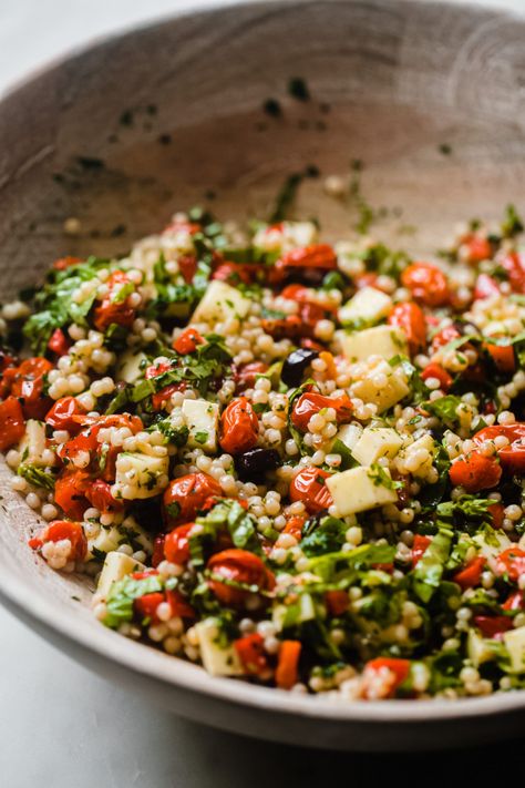 Roasted Garlic Italian Couscous Salad Recipe | Little Spice Jar Italian Couscous, Roasted Garlic Dressing, Pearl Couscous Salad, Spring Side Dishes, Couscous Salad Recipes, Roast Garlic, Mediterranean Pasta Salads, Homemade Italian Dressing, Mediterranean Pasta