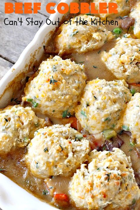 Beef Cobbler uses leftover roast beef, peas, carrots & other veggies with melt-in-your-mouth cheese biscuits. Perfect comfort food for fall & winter! Savory Cobbler, Roast Beef Casserole, Beef Cobbler, Leftover Roast Beef Recipes, Beef Pot Pie Recipe, Leftover Pot Roast, Leftover Roast Beef, Beef Pot Pies, Leftover Beef