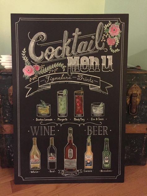 My husband made this DIY cocktail menu for our wedding last Saturday - I can't get over it! Wedding Drink Menu Sign, Papan Tulis Kapur, Wedding Drink Menu, Birthday Cocktails, Diy Cocktails, Chalk Sign, Menu Sign, Cocktails Sign, Chalkboard Designs