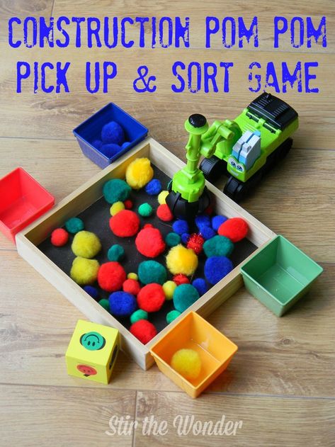 Construction Pom Pom Pick Up & Sort Game | Stir The Wonder Construction Theme Preschool, Preschool Construction, Abc Preschool, March Ideas, Construction Art, Construction Unit, Transportation Activities, Transportation Preschool, Color Unit