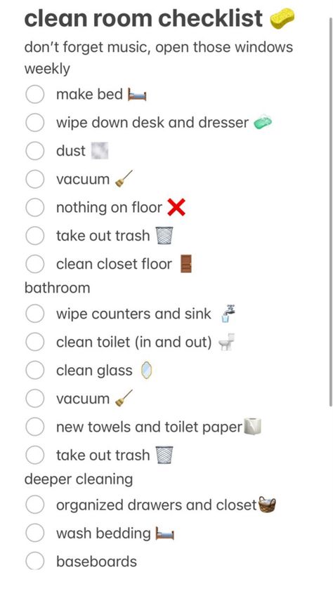 Clean List By Room, Daily Bedroom Cleaning Checklist, 6th Grade Tips, Deep Cleaning House Checklist, Clean Room Motivation, Clean Room Checklist, Cleaning Hacks Bedroom, Room Cleaning Tips, Cleaning Room