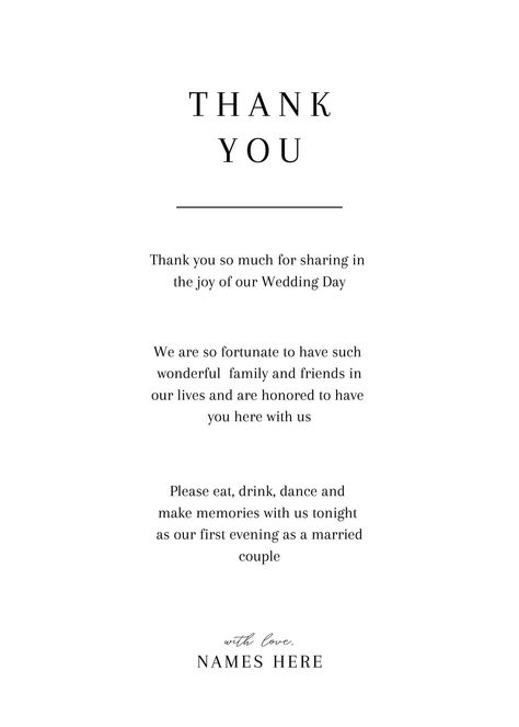 Thank You Letter Template for wedding guest dinner table - place cards. Instead of a dinner menu, get personal with a thank you letter on each guests' dinner plate. Minimal and modern, this thank you letter is a great way to thank your guests for coming to celebrate your marriage!  Instant Digital Download, you can print immediately, tie a bow around it and elevate your reception space.  Available in one size. Thank You To Wedding Guests, Thanking Family For Support, Letter To Wedding Guests, Wedding Thank You Notes On Table, Thank You Quotes For Wedding Guests, Thank You Note Wedding Table, Engagement Thank You Cards, Thank You For Wedding Guests, Thank You Note For Wedding Guests