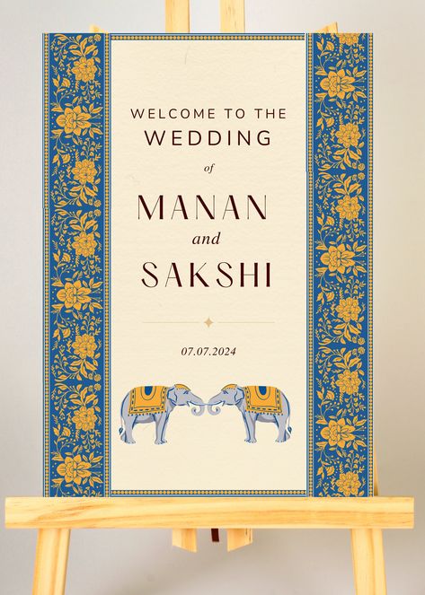 Introducing the Indian Welcome Wedding Sign - a perfect addition to your special day! This is a digital version.  This exquisite Wedding Sign is sure to leave your guests in awe! It can be personalized with any text or message of your choosing. We recommend printing it on 3mm or 5mm Foamex. The file will be provided in PRINT PDF format. Should you wish to change the colors of the outfit/board, kindly drop us a message. Please note that a nominal fee will apply for this service. Explore our assor Indian Wedding Signs, Wedding Hindu, Wedding Agenda, Hindu Wedding Invitations, Hindu Wedding Ceremony, Welcome Wedding Sign, Wedding Entrance Decor, Digital Invitations Wedding, Indian Wedding Invitation Cards