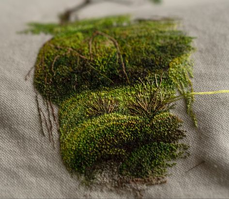 #embroidery #embroideryart #landscape #green #moss #cliff How To Embroider Moss, Moss Embroidery Clothes, Moss Embroidery Tutorial, Embroidered Moss, Grass Embroidery, Moss Embroidery, Forest Embroidery, Bog Witch, Terrarium Scene