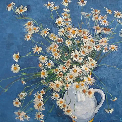 White chamomile flowers with blue background Blue Background Painting, Chamomile Print, Vitali Komarov, Van Gogh Wall Art, Background Painting, Vincent Van Gogh Art, Blue Perfume, Daisy Painting, Impressionist Artists