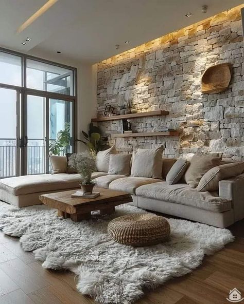 Budget Home Interior, Interior Stone Wall Ideas Living Room, Small Mediterranean Living Room, Living Room Sand Color, Stone On Wall, Warm Home Interior, Stone Wall Interior Living Room, Wabi Sabi Interior Living Rooms, Stone Wall Interior