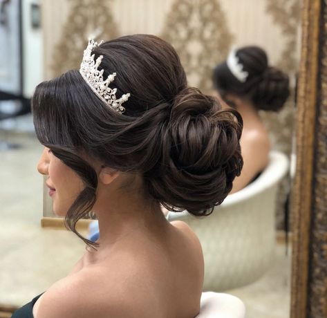 Updo Bridal Hair With Crown, Bun For Quinceañera, Updo With Crown Wedding, Low Bun Quince Hairstyles With Crown, Hoco Hair Ideas Updo Hairstyle Ponytail, Wedding Hair Updo With Crown, Quinceñera Updos With Crown, Bridal Hair With Crown Tiaras, Bridal Hair Crown Head Pieces