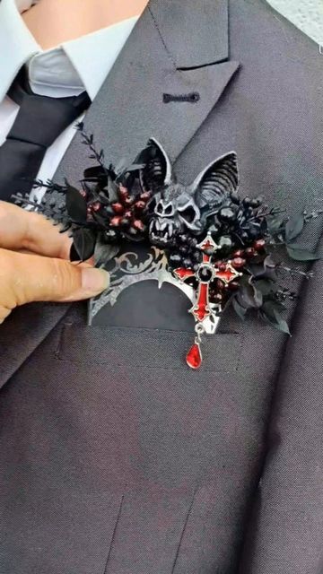 Goth Boutonniere, Horror Wedding, Floral Pocket Square, Wedding Tux, Goth Wedding, Vampire Bat, Floral Pocket, Gothic Horror, Nontraditional Wedding