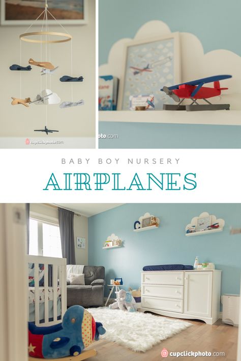 Airplane Boy Nursery, Baby Boy Airplane Nursery, Airplane Toddler Room, Airplane Nursery Ideas, Plane Nursery Theme, Airplane Themed Bedroom, Airplane Baby Room, Airplane Nursery Theme, Vintage Plane Nursery