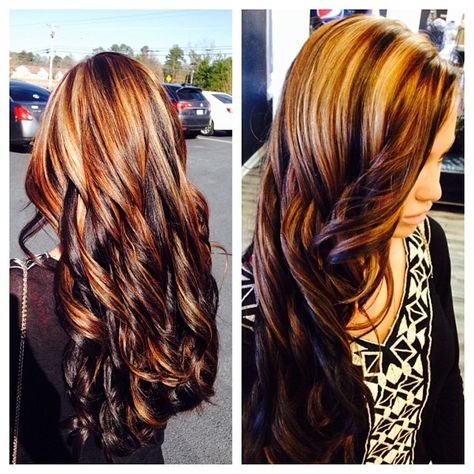 Dark chocolate brown underneath with blonde and dark brown low and highlights on top with her gorgeous natural red in between!! Low And Highlights, 38 Year Old Woman, Latest Hair Color, Dark Chocolate Brown, Brown Blonde Hair, Hair Color And Cut, Brown Hair With Highlights, Hair Envy, Love Hair