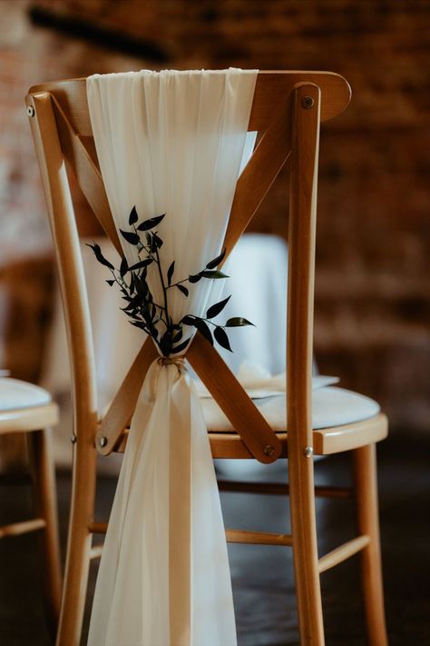 Adding some foliage to your chair dressing, creating more depth and colour to your wedding ✨ Wedding Ceremony Aisle Decor Indoor, Flowy Aesthetic, Outdoor Wedding Chairs, Wedding Reception Chairs, Wedding Ceremony Chairs, Old World Wedding, Wedding Chair Sashes, Wedding Isles, Ceremony Chairs