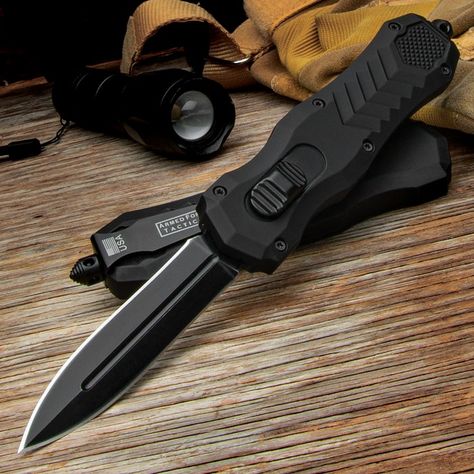 Armed Force Tactical Black Automatic OTF Knife And Sheath - Stainless Steel Blade, Metal Handle, Slide Trigger - Length 9 3/4" Tactical Knife, Automatic Knives, Cool Knives, Armed Forces, Self Defense, Defense, Pocket Knife, Wellness Design, Force