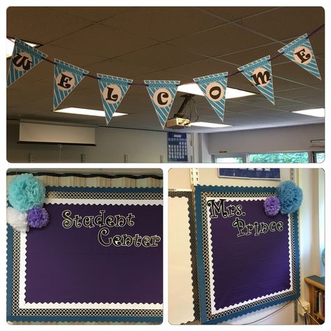 Purple black blue white classroom decor                                                                                                                                                     More Purple Classroom Decor, Turquoise Classroom, Teal Classroom, Purple Classroom, White Classroom Decor, White Classroom, School Office Decor, Teacher Lifestyle, Classroom Decor High School