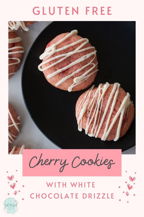 Do you know what would make Valentine's Day perfect? If you said "a gluten free cherry cookie drizzled with white chocolate" you might be right! This cookie is soft, yet holds it shape while baking. Click through to find out how to flavor your cherry cookie perfectly and don't forget to subscribe so you never miss a gluten free recipe! #cookie #cherry #whitechocolate #glutenfree #dessert #maraschino #recipe #baking Gluten Free Dips, Cookies With White Chocolate, White Chocolate Drizzle, Dark Chocolate Chip Cookies, Cherry Cookies, Maraschino Cherries, Recipe Baking, Gluten Free Recipe, Gluten Free Flour Blend