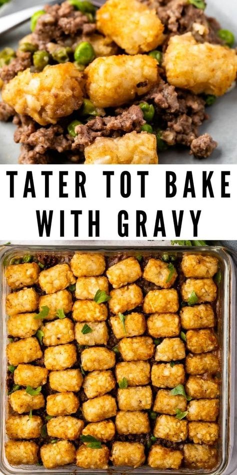 This hearty Tater Tot Bake with Gravy has a savory ground beef and gravy filling and is topped with golden crispy tater tots! Ground Turkey Tater Tot Recipes, Tater Tots And Ground Beef, Ground Beef Bisquick Recipes, Cozy Dinner Ideas, Ground Beef And Gravy, Tater Tot Bake, Beef And Gravy, Vegetable Recipes Dinner, Tater Tot Recipes