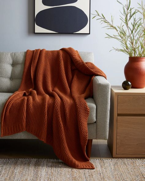 Cotton Fisherman Throw Burnt Orange Throw Blanket, Burnt Orange Throw, Orange Throw Blanket, Upstairs Family Room, Interior Transformation, Goose Down Pillows, Kitchen Makeovers, Wood Room, Bamboo Sheets