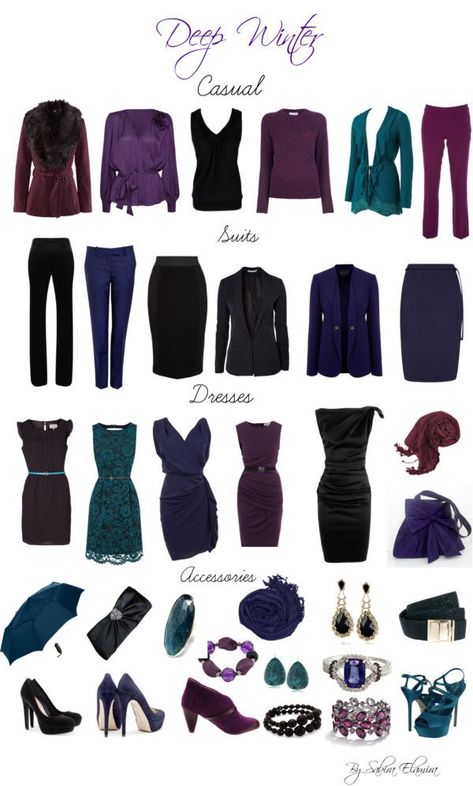 "Deep Winter dark colors"... I once had someone determine my colors and she decided I am a deep winter.  I do love wearing all of these colors! Winter True Outfits, Deep Winter Outfits Style, Summer Outfits For Deep Winter, Winter Jewel Tones, Dark Winter Outfits Ideas, Jewel Tone Outfits Fall, Winter Deep Outfits, Dark Winter Clothes, Dark Winter Capsule Wardrobe