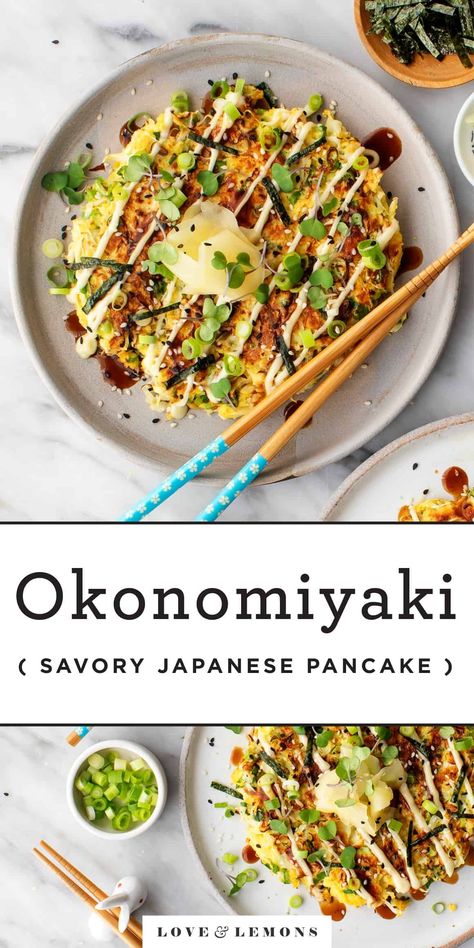 Okonomiyaki - or Japanese savory pancakes - are SO delicious and easy to make! This vegetarian recipe uses basic ingredients and comes together in under 30 minutes. Load it up with your favorite toppings, and enjoy! Korroke Recipes, Bimbimbop Recipe, South Asian Recipes, Japanese Vegetable Recipes, Asain Food Recipe, Master Chef Recipes, Okinawa Recipes, Okonomiyaki Rezept, Traditional Japanese Recipes