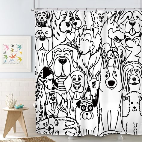 PRICES MAY VARY. 100% Polyester ★UNIQUE DESIGN: Designed with Funny dogs, advanced pattern printing technology, the Black and white shower curtain image clearly, make your bathroom more fresh and have a new look. ★SIZES INFORMATION: 72" L X 60" W. This bathroom set size is suitable for most bathrooms. ★MATERIAL: 100% polyester fabric, water proof. Not see-through, protect your privacy always. Includes 12 plastic curtain hooks. ★FEATURE: Environmental friendly material, no odor, solid, healthy to Cartoon Black And White, Animals Silhouette, Black And White Shower Curtain, Plastic Curtains, Bathroom Bathtub, Black And White Dog, Dog Shower, Lovely Animals, Doodle Dog