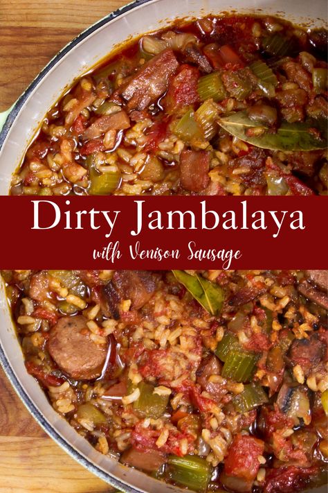 This Dirty Jambalaya with Venison Sausage is a spicy, southern classic! Two New Orleans favorites, dirty rice, and jambalaya, are combined into a delicious one-pot dinner. If a budget-friendly powerhouse of a meal is what you are looking for, this is it! Jambalaya With Okra, Recipe With Cajun Sausage, New Orleans Menu Ideas, Yard House Jambalaya Recipe, Jumbalaya Recipe New Orleans, Hot Links Recipes Dinners, Pork Jambalaya Recipe, Jambalaya Recipe Sausage, Cajun Sausage Recipes