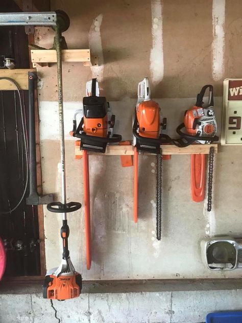 Chainsaw Holder For Garage, Tool Hanging Ideas, Chain Saw Storage, Chainsaw Storage Ideas, Chainsaw Storage, Shed Shelving, Garage Hacks, Garage Shelves, Garage Workshop Organization