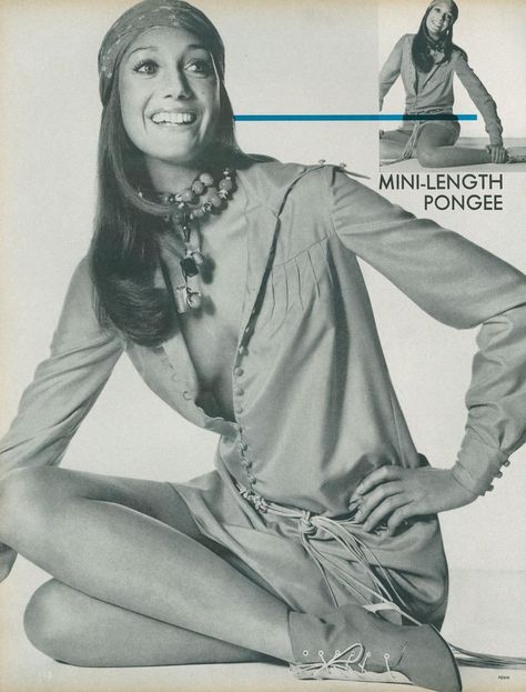 Marisa Berenson in a China-blue mini-shirtdress from Traina Boutique by Judith Wister; Auburn silk pongee; Bruce Rudow necklace; belt by Elegant; Roger Vivier boots. The head is tightly wrapped in an Odyssey print scarf and the hair tumbles long, thick, and free...a Natural Blend hairpiece by Helene Curtis falling luxuriously—right in with your own. Photo by Irving Penn. Vogue, April 1, 1970. Marisa Berenson, Irving Penn, Elegant Boots, Roger Vivier, Blue China, Simple Image, Cosmopolitan, Scarf Print, Auburn